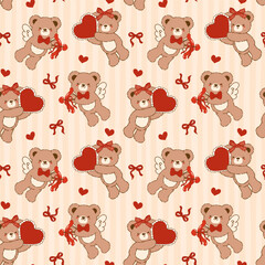 Coquette Valentine seamless pattern vintage Teddy Bears Cupid Striped Retro Shabby Chic Preppy Printable Background