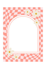 Pink wavy checkered frame with white flowers in retro pastel style. Perfect for social media templates, invitations, prints, and digital design