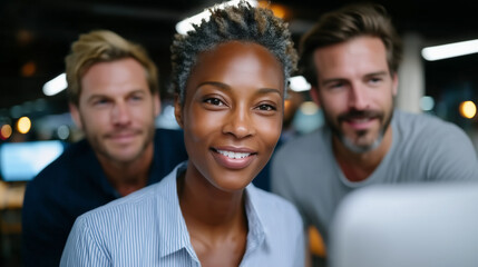 cinematic-style photograph depicting a diverse group of IT professionals collaborating closely in a modern, high-tech office environment during an intense brainstorming and develop