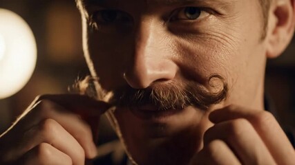 Close-up of a man with a handlebar mustache thoughtfully touching and styling it with his fingers