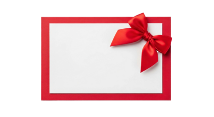 Blank white rectangular card with a vibrant red bow, perfect for gift-giving or special occasions, featuring ample copy space for personalization. Isolated on transparent background.