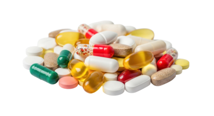 Assorted pile of colorful pills and capsules arranged in a centered composition, showcasing various shapes and sizes for health and wellness themes. Isolated on transparent background.