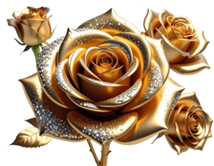 Rose Collection,3D golden metallic rose with diamond dust on petals,white background