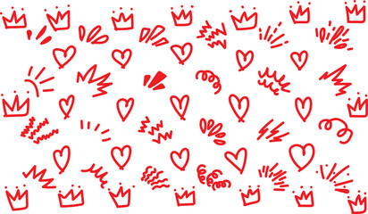 Doodle radial line rays. Hand drawn round corner shine. Sunburst sparkle element. Playful hand-drawn red hearts and crowns doodle pattern for celebration and joy