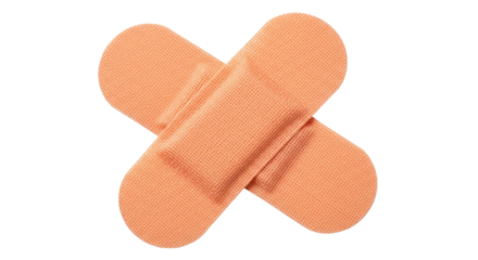Realistic stock photo of two peach-colored adhesive bandages overlapping on a transparent background, ideal for medical and healthcare concepts. Isolated on transparent background.