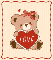 Kawaii Vintage Valentine Teddy Bear Girl Hugging Heart Riffon Nostalgia Cartoon Doodle Hand Drawn