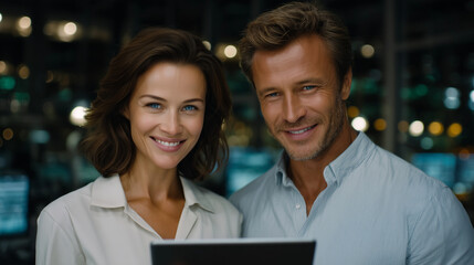 A highly realistic, cinematic technology workplace photograph depicting a female project manager and a male chief engineer standing side by side inside a modern research and develo