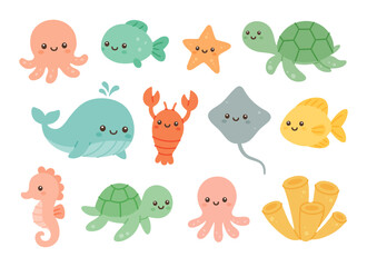 Ocean animal set. Sea creatures and plants for kids art and marine-themed decor © Lifeking