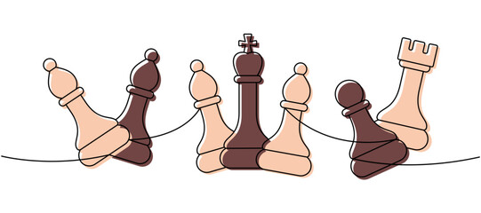 Linear minimalist outline of five chess pieces including bishops, king, pawn, rook on a line, contour art of team strategy © Lifeking