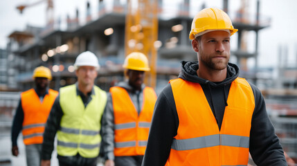 A highly realistic outdoor industrial lifestyle photograph depicting a diverse team of construction and real estate professionals walking together across an active commercial build