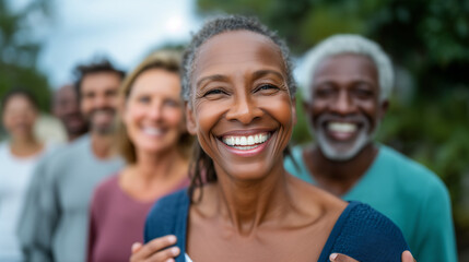 Fototapeta premium A highly realistic outdoor lifestyle photograph capturing a diverse group of adults standing closely together in a park, smiling and laughing while linking arms around each other's