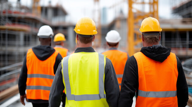 A highly realistic outdoor industrial lifestyle photograph depicting a diverse team of construction and real estate professionals walking together across an active commercial build - Powered by Adobe