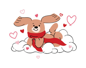 Fototapeta premium Valentine flying puppy vector illustration on cloud with hearts and cute cupid mood. Cute hand drawn design for greeting cards, stickers and posters.