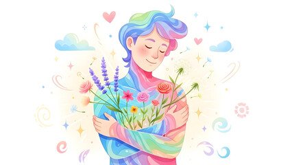 Obraz premium An abstract watercolor style illustration of a figure hugging themselves with flowers growing from within representing internal growth and harmony