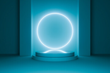 Cyan neon circle glow with 3D pedestal in dark room.