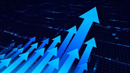 Business growth success innovation symbolized by a dynamic blue arrow surging upward, representing positive market trends, financial progress, strategic development, and forward momentum against a dar