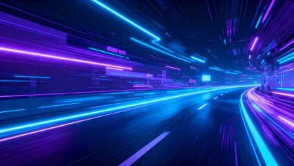 Panoramic high speed technology concept with dynamic abstract light background showing fast road motion vibrant neon blue and purple glow for futuristic website application design gaming interfaces vi