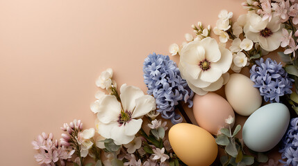 A beautiful arrangement of colorful Easter eggs surrounded by vibrant flowers on a soft pink background