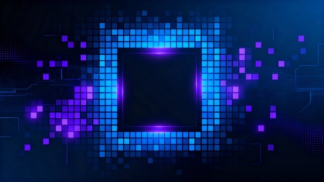 Abstract technology background with digital finance grid and futuristic frame, featuring glowing purple and blue pixel squares on dark backdrop, suitable for business presentations, interfaces, websit - Powered by Adobe