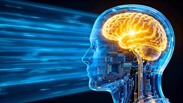 Human head with glowing brain and circuitry