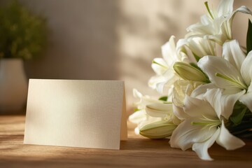 Gentle still life of a condolence card and white lilies conveying mourning and comfort