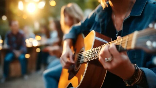 Young adults playing acoustic guitar in park circle, musical gathering, creative expression, friendship through arts, casual outdoor jam session, with copy space