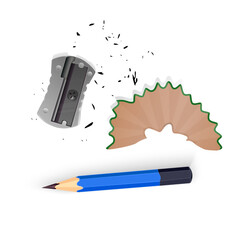 Realistic vector illustration of stationery items isolated on white. The set includes a sharpened blue wooden pencil, a metallic silver pencil sharpener, a curved wooden pencil shavin