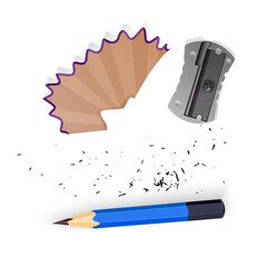Realistic vector illustration of stationery items isolated on white. The set includes a sharpened blue wooden pencil, a metallic silver pencil sharpener, a curved wooden pencil shavin