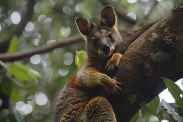 Lumholtz's tree kangaroo clinging to a tree branch, showcasing its unique adaptations for arboreal life in a vibrant rainforest environment