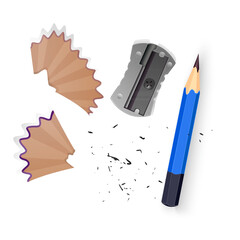 Realistic vector illustration of stationery items isolated on white. The set includes a sharpened blue wooden pencil, a metallic silver pencil sharpener, a curved wooden pencil shavin