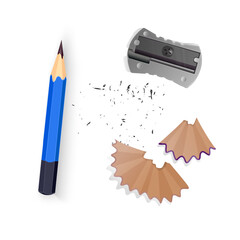 Realistic vector illustration of stationery items isolated on white. The set includes a sharpened blue wooden pencil, a metallic silver pencil sharpener, a curved wooden pencil shavin