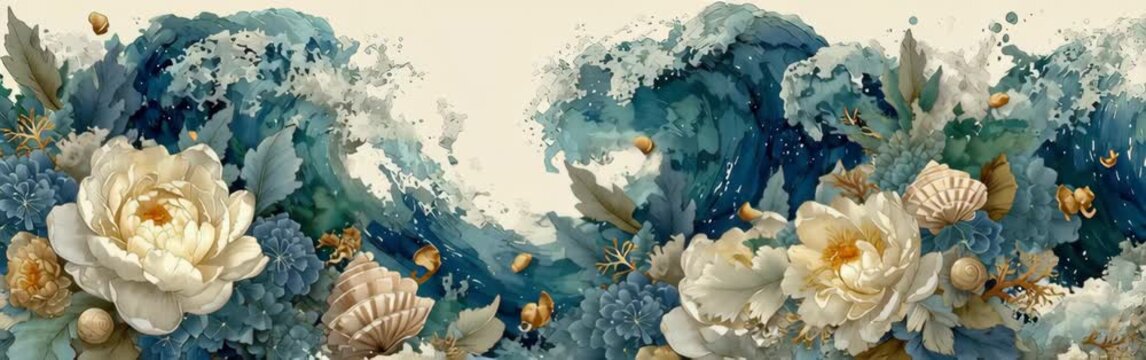 Watercolor floral border with rich blue hydrangeas and ivory roses on a soft beige background, delicate and serene