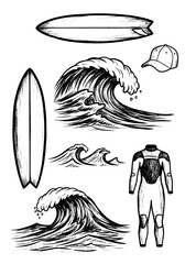 Vintage monochrome surfing illustration set featuring ocean waves, modern surfboards, a full wetsuit, and a baseball cap, hand-drawn vector elements