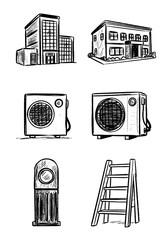 Hand-drawn sketchy black and white icon set featuring commercial buildings, AC units, a retro gas pump, and a folding ladder