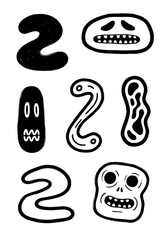 Distorted abstract shapes and spooky doodle faces vector set, featuring a grunge texture, rough black and white aesthetic for modern graphic design