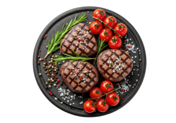 Three grilled filet mignon steaks, rosemary, roasted tomatoes on dark wood board with peppercorns, salt, white background, top-down, soft light, gourmet food concept.