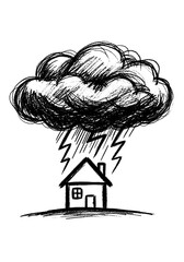 Black and white hand-drawn house graphic under a severe storm cloud, rain pouring down with powerful lightning bolts, representing misfortune or danger