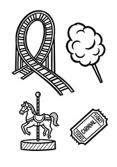 Black and white doodle elements of fairground entertainment, featuring an iconic rollercoaster, carousel, cotton candy, and entry ticket