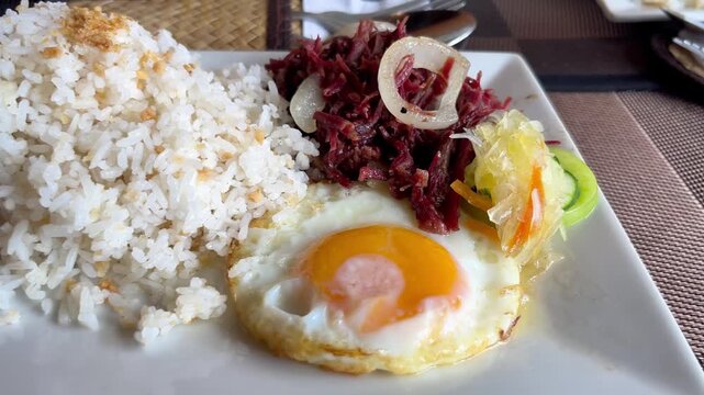 Traditional Filipino breakfast: corned beef, garlic rice, and a sunny-side-up egg