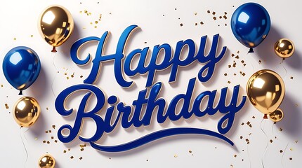 Golden and blue balloons with a celebratory happy birthday message