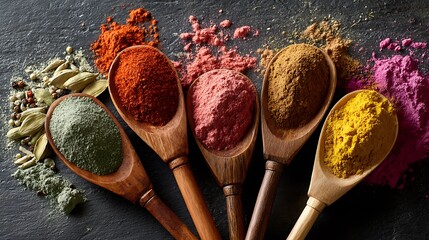 Vibrant spices and herbs in wooden spoons on dark slate background, culinary seasoning concept