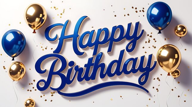Golden and blue balloons with a celebratory happy birthday message