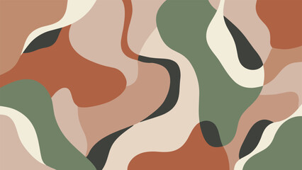 Camouflage pattern, wavy organic shapes, earthy tones green brown beige black, tactical texture design, military background, flat vector illustration © MdAbdulAlim