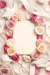 Mock up blank paper card with pastel roses, petals, and lace ribbon. Vertical template of wedding, anniversary, or Valentine's Day invitation or greeting card with copy space.