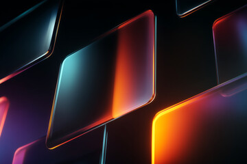 Abstract futuristic background with glowing glass panels and neon light gradients, modern digital technology concept, minimal geometric shapes, depth, motion and innovation