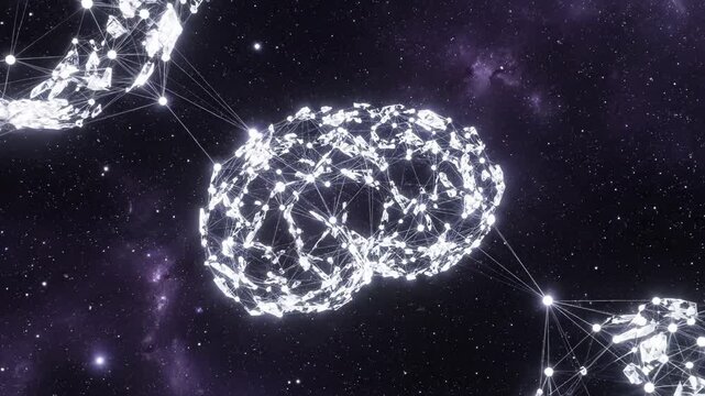 Glowing constellation network in space with stars and purple nebula