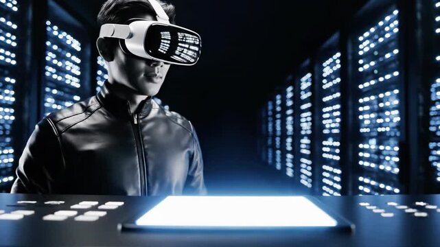 A person wearing a virtual reality headset interacts with a glowing tablet in a futuristic server room