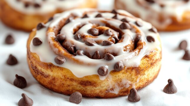 Close-up of cinnamon rolls topped with icing and chocolate chips - Powered by Adobe