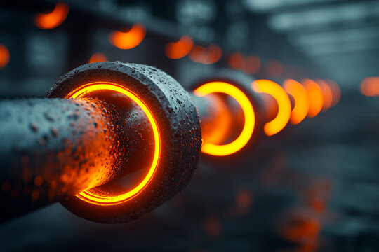 Glowing hot metal rings on industrial steel pipe, heat treatment or forging process, orange neon light in dark factory environment, macro close up, manufacturing and technology concept