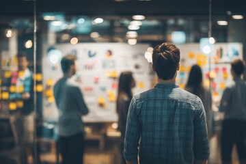 Businessman observing strategy planning board with sticky notes and charts in modern office